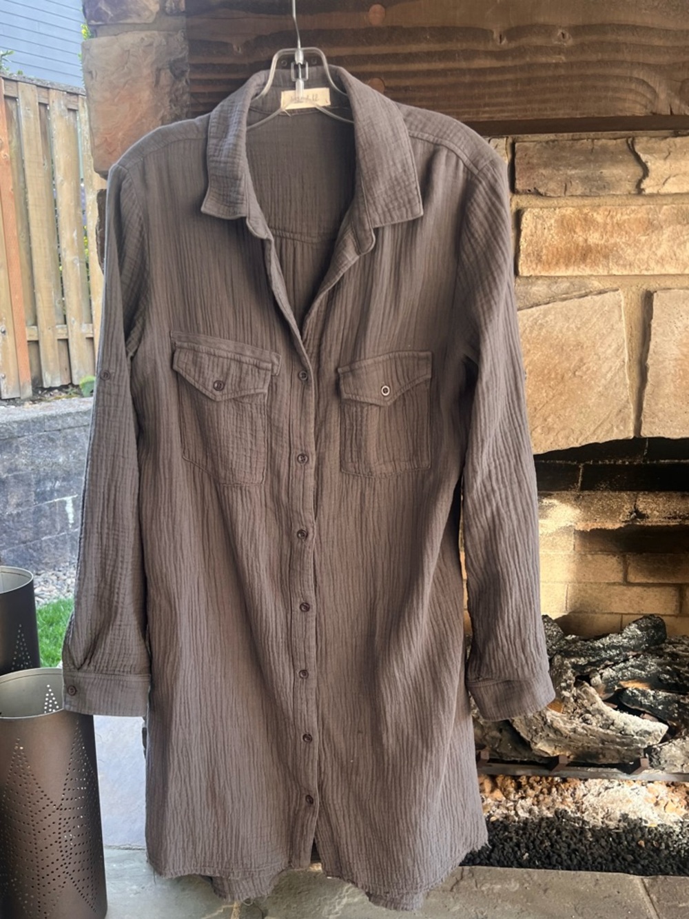 Bella Dahl Gray/Khaki Button-Front Gauze Dress Large